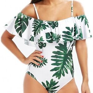 Womens Monokini One Piece Floral Print Ruffle Off Shoulder Push Up Size M